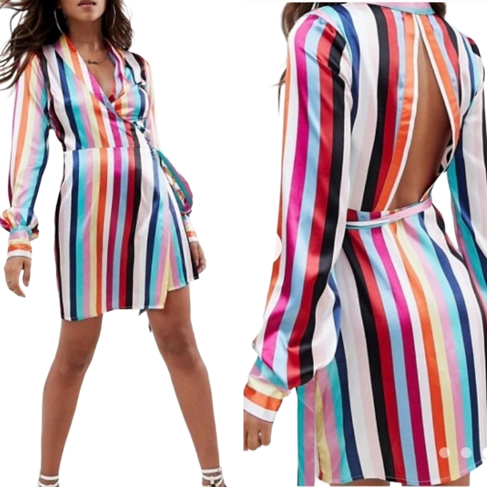 Asos Satin Stripes Wrap Open Back Cocktail Dress